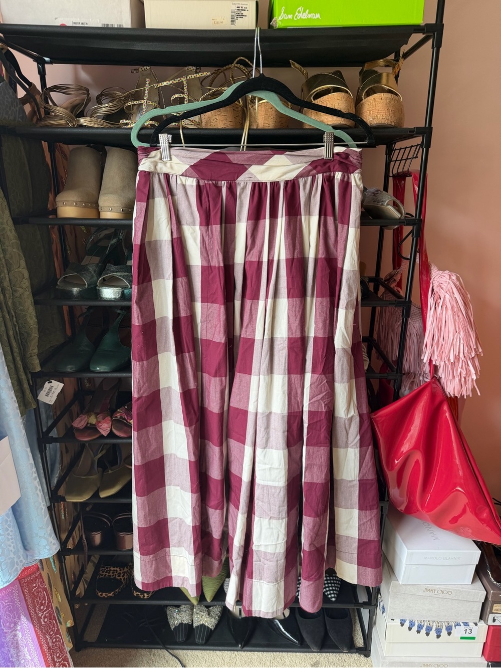 Anthropologie Burgundy and White Gingham Maxi Skirt